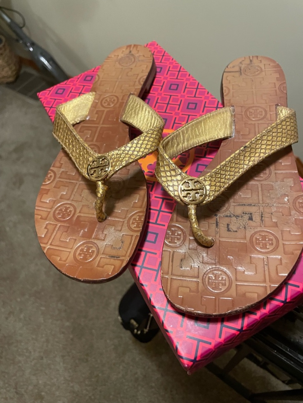 Tory Burch Metallic Gold Logo Thong Sandals